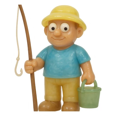 Make the fisherman have a wooden fishing pole and ensure the entire character is fully visible from head to toe (no cropping). The style is full-body, retro 90's toy, very transparent and slightly see-through, natural tan skin, blue shirt, yellow hat, pants, derpy eyes (large white eyeballs with small black pupils looking in different directions), soft plastic texture, soft reflections, soft and squishy, some cloudiness, not shiny, highly detailed, appealing, no tag, no background. sticker