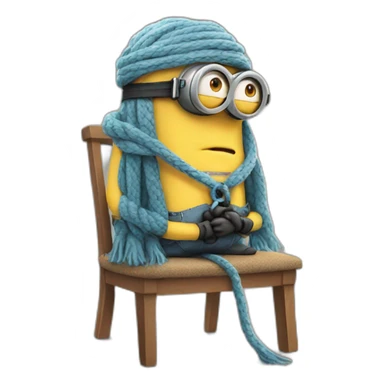 sad minion with a rope scarf standing on a chair sticker