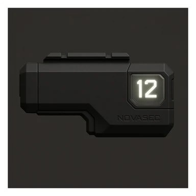 3D-rendered orthographic left view of the NOVASEC LUMA 12 underbarrel firearm attachment: compact, single-piece black matte module, elongated rectangular shape with beveled edges, glowing white prism-shaped ammo counter displaying '12' with cut corners and transparent cover, attachment rail insert on top, minimal tactical design, subtle NOVASEC branding, dark neutral background, soft lighting, no perspective or tilt, technical reference style sticker
