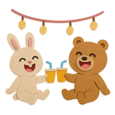 full-body bunny and bear with laughing faces clinking juice cups under string lights, paper-craft style sticker