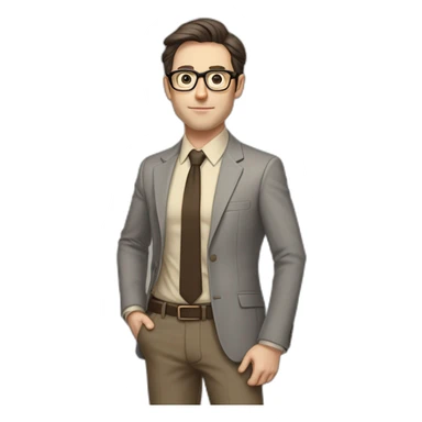 Full height Pale skinned Fit Man With dark brown hair in gray jacket, beige office shirt, tie, Brown pants and vintage glasses. Thrumbs of his palms directed up sticker