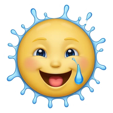 Emoji, yellow round laughing face, open mouth with Splashing blue tears from the eyes sticker
