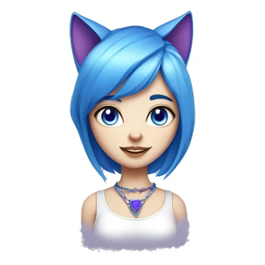 fair skinned cat girl with blue hair, cat ears, white top, blue necklace and purple left eye, blue right eye sticker