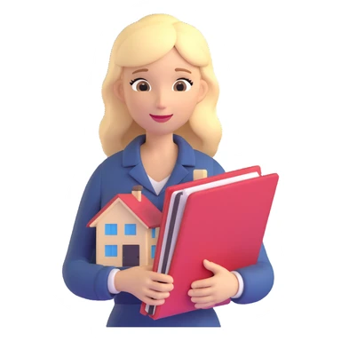 3D emoji style, blonde woman around 40 years old, real estate broker, holding a house file sticker