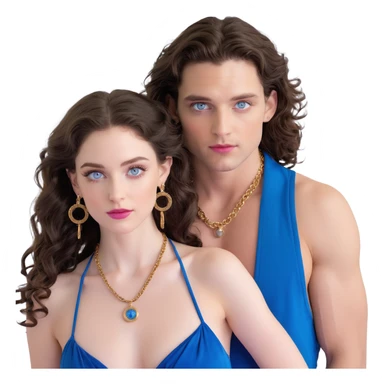 attractive couple with baddie energy, woman with big blue-grey eyes, long lashes, pale skin, pink lips, long voluminous dark brown curls, gold hoop earrings, revealing silky halter top next to handsome man with intense blue-grey eyes, chiseled features, pale skin, confident smirk, dark brown styled hair, gold chain, revealing open shirt sticker