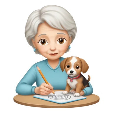 An elderly woman sketching her puppy face on the spiral pad. sticker