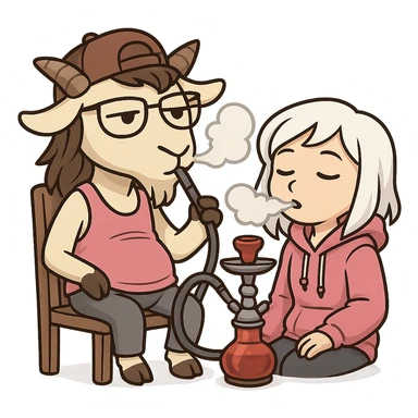 goat for Telegram stickers inspired by reference https://attic.sh/feoducyurkpqwz0la088soao98sx: wearing a cap, glasses, mullet hairstyle, pink drunkard tank top, sitting on a chair, smoking hooka with a girl. girl with white hair and pink hoodie https://i.ytimg.com/vi/x9PRt8xgy7Y/hqdefault.jpg . transparent background  sticker