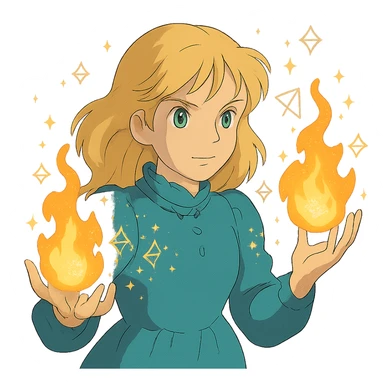 blonde woman with green eyes, fireballs in her hands, magical sparkles and glowing runes, ghibli style sticker