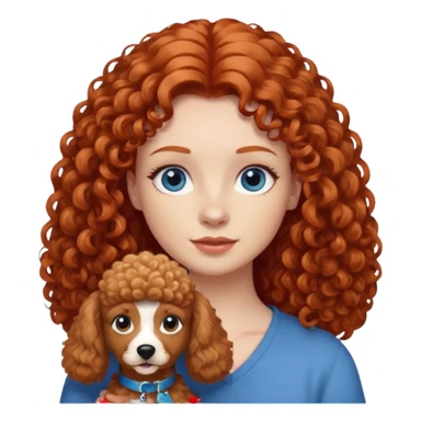A red head with long hair blue eyes and a light brown poodle dog sticker