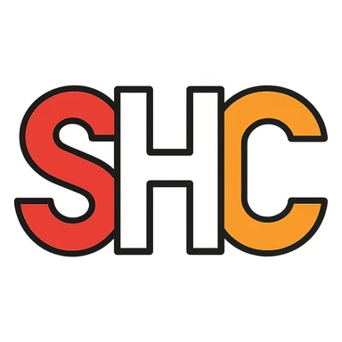 clean modern logo style letters SHC with S in red, H in white, C in orange sticker