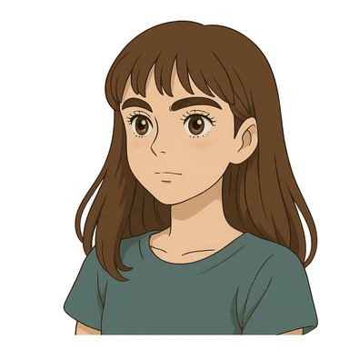 ghibli style pretty girl with thick eyebrows, straight brown hair and brown eyes, curled eyelashes sticker