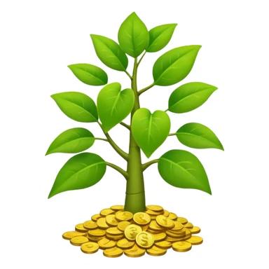 sequence of three: money seedling, money plant, and money tree, visually connected to show stages of compounding and growth, clear modern emoji style sticker