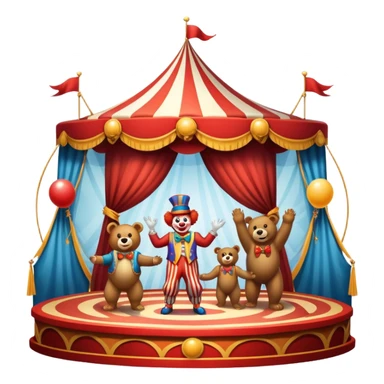 Professional icon for Circus Arts: a dynamic circus stage with acrobats in mid-performance, a clown, and trained performing bears. The icon should convey the skill and excitement of the circus, with precise details on costumes, props, and the arena setting. Transparent background. sticker