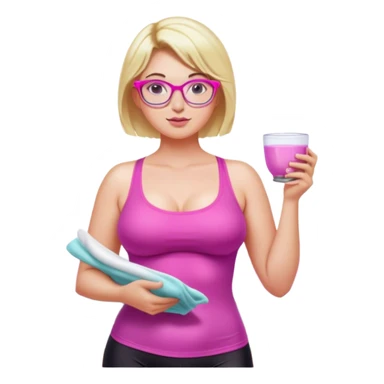 Seductive, Curvy fair and freckled skinned woman, short blond hair, small light purple reading glasses, washing dishes, short flowing sheer hot pink tank top, without undergarments SFW, black yoga pants, thick booty sticker