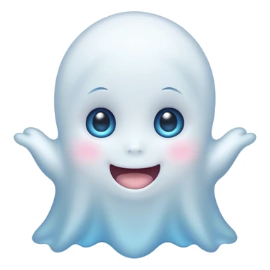 Cinematic Cute Ghost Portrait Emoji, with a playful, rounded translucent form in soft pastel whites and blues, featuring large, sparkling eyes and a gentle, mischievous smile, simplified yet irresistibly endearing, highly detailed with a soft glowing outline that captures the charm of a friendly spirit ready to float into your heart! sticker
