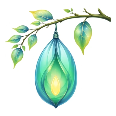 ethereal magical cocoon hanging from a branch, glowing green-blue cocoon, yellow magical aura, translucent, magical symbol, soft curves, gentle green-blue hues sticker