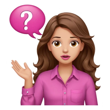 girl with long wavy brown hair, brown eyes, light to medium complexion, in a pink shirt, pink lips, long lashes, shugging, question mark one speech bubble sticker