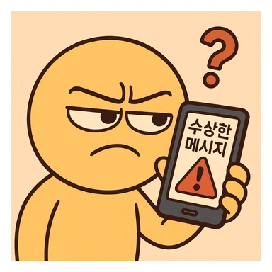 slightly suspicious cartoon emoticon character squinting at a phone showing a message with Korean text '수상한 메시지' or '경고!', a question mark, and a red exclamation mark, flat, simple, bright, pastel background, 360x360px, PNG sticker