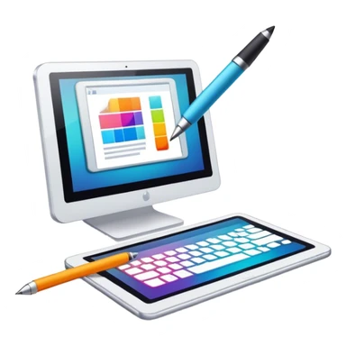 Computer graphics icon, digital design tools like a stylus, tablet, computer image on screen, vibrant colors, minimalistic style, clean lines, transparent background. sticker