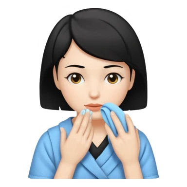 a white woman who has black short hair cleaning her face sticker
