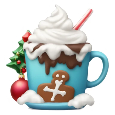 Steaming hot chocolate mug with whipped cream and Christmas decoration sticker
