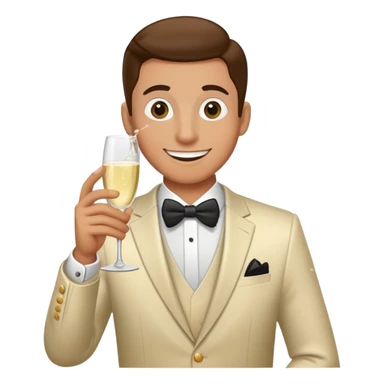Wedding crasher character in fancy clothes trying to blend in at a wedding reception, holding champagne glass, goofy smile sticker