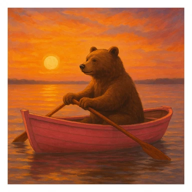 pink rowing boat with a bear rowing, sunset background sticker