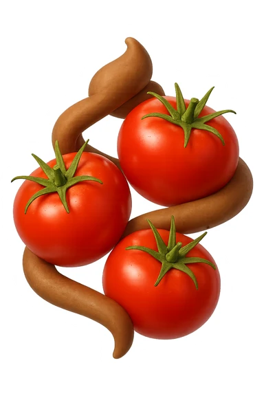 emoji stile iphone di pomodori che fluttuano in aria con colon attorcigliato intorno, iperrealistico 4k, isolato su sfondo bianco sticker