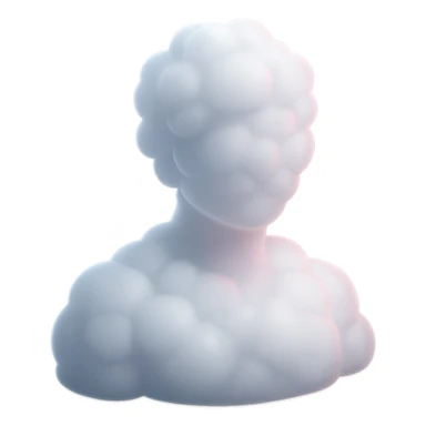 person made entirely of white fluffy convex clouds with a slight pink glow, shoulder up, front view, matte glass style, no background sticker