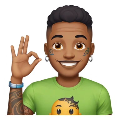 black man with bold face tattoos, happy face, wearing a colorful t-shirt sticker