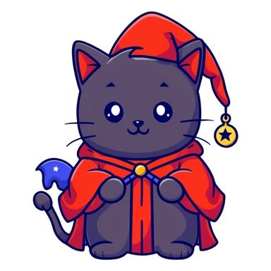 Black cat wearing red robe and blue starry wizard hat sticker