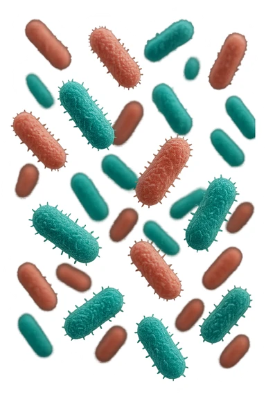 batteri intestinali rosa salmone e turchesi fluttuano in aria, iperrealistici 4k sticker