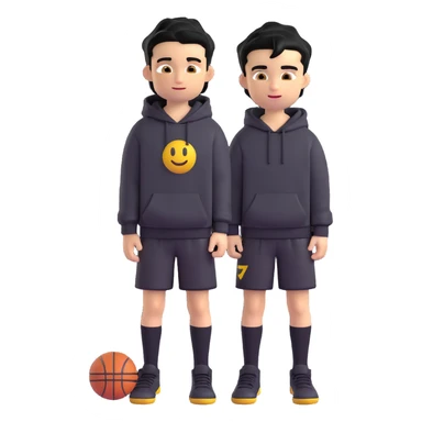 Remove any basketballs and remove his shoes, keep the boy kid sitting cross-legged, black hoodie (hood off), smirking, black crew socks, messy black hair, black basketball shorts, yellow skin, Microsoft 3D emoji style, with no background. sticker