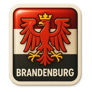 Create an icon for Brandenburg in retro stickers style with a rectangular flag background. Center the Brandenburg coat of arms featuring a red eagle with a crown. The style should be less cartoonish and match the format of the Berlin icon. No text included. sticker