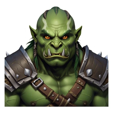 Cinematic Realistic WoW Orc Warrior Portrait, head tilted epicly and inquisitively, showcasing a commanding presence and raw, unyielding power. His battle-hardened green skin and muscular form, accented by meticulously crafted tribal armor in deep earthy hues, are rendered with lifelike clarity and dynamic lighting, high shine, epic and awe-inspiring, embodying the relentless spirit of an orc warrior ready for battle. sticker
