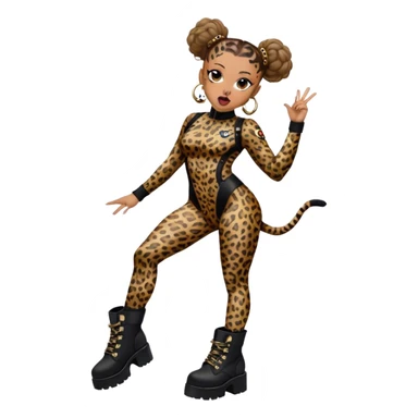 Melanie Brown with her hair in space buns and wearing a tight leopard print bodysuit and black combat boots, she’s showing off her tongue ring sticker