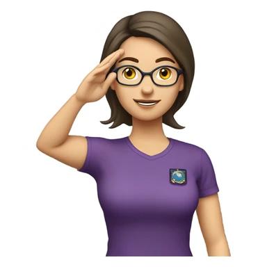 a caucasian brunette female, wearing a purple t-shirt and glasses, making the military salute gesture with her hand next to her head sticker