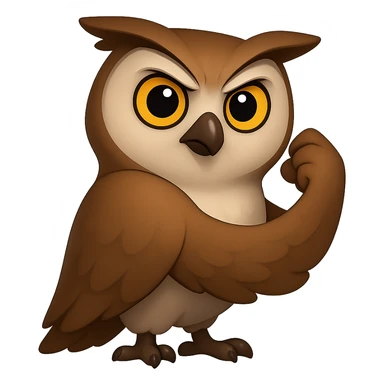 В стилистике эмоджи сгенерируй сову, она в позе со знаменитого плаката We can do it крылом, уверенным лицом и позой показывает уверенность в своих силах, прозрачный фон sticker
