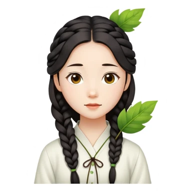  A Chinese girl with a long braid, a brown hairpin shaped like a leaf, and a white blouse, breathing in the spring air. sticker