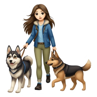 A long-haired girl walking a husky and a German shepherd sticker