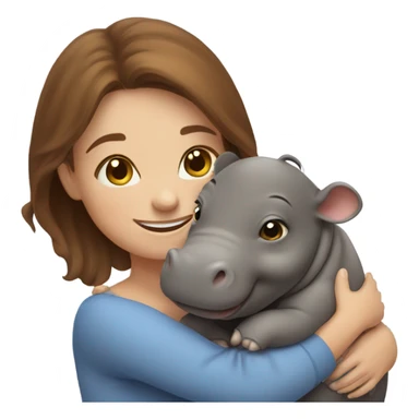 smiling woman with brown hair embracing baby hippo sticker