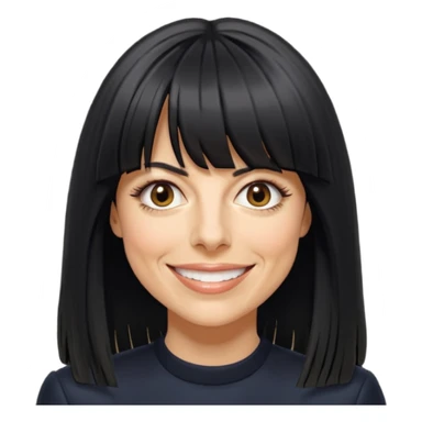 Claudia Winkleman with a very thick long fringe sticker