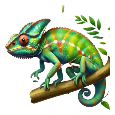 Giant chameleon on a branch, blending with vibrant greenery. Detailed scales in shifting colors, showing the chameleon’s ability to camouflage. Soft natural light highlights its texture. Nature background with leafs aтв адщцукы. Lush jungle background with vivid foliage, transparent background. sticker
