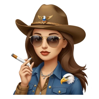 Country woman in cowboy hat with long brown hair with sunglasses with bald eagle on her shoulder and a cigarette in her mouth  sticker