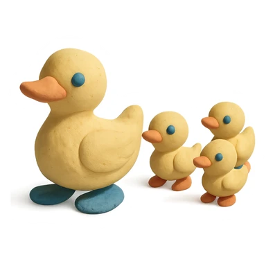 mother duck with ducklings following her, playful and cute, pastel colors, visible fingerprints, claymation style sticker