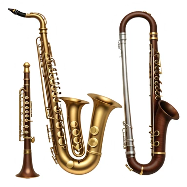 Create a refined and artistic emoji that represents lesser-known wind instruments. The design should feature a collection of unique wind instruments, such as a bassoon, oboe, or French horn, arranged elegantly. Add elements like musical notes to symbolize the harmony and beauty of these instruments. Use colors like bronze, silver, and dark wood tones to reflect the classic nature of the instruments. The background should be transparent. sticker