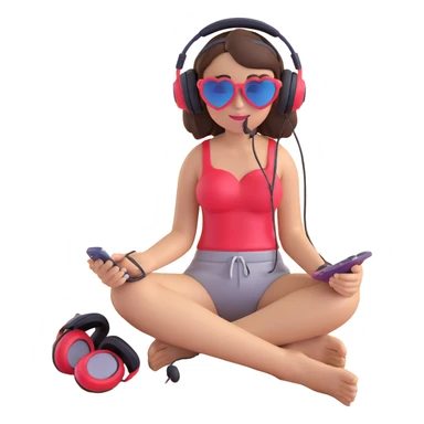 brunette girl with heart sunglasses and headphones, relaxing on sand, emoji style sticker