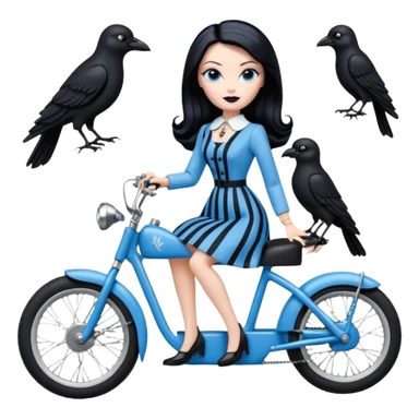 1920s coal hair hotrod Silkstone Marie Antoinette Morticia Addams Barbie Wednesday Addams from academy in a blue and black vertically-striped classic dress. riding hot rod electric bikes with crows sticker