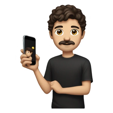 young man with medium size dark brown hair to front, iphone in hands, black oversized t shirt, little mustache and little beard sticker