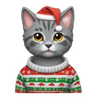 A grey kitten wearing a Christmas sweater sticker